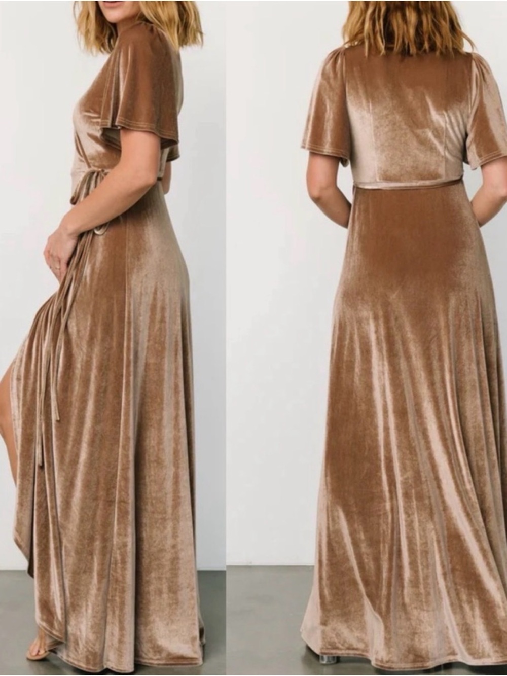 NWT BALTIC BORN Velvet Wrap Maxi Dress Taupe Tan Small - Picture 2 of 14